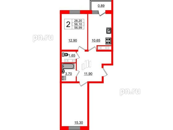 Квартира в ЖК «Новое Горелово», 2 комнатная, 57.4 м², 1 этаж