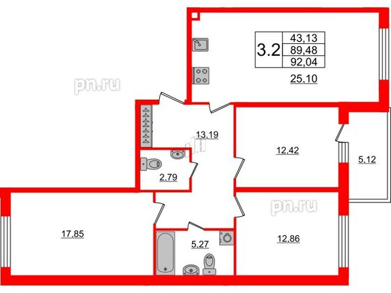 Квартира в ЖК Притяжение, 3 комнатная, 87.9 м², 1 этаж