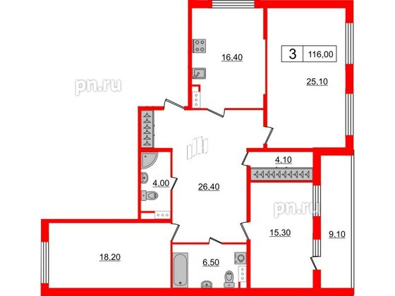 Квартира в ЖК Притяжение, 3 комнатная, 116 м², 7 этаж