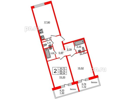 Квартира в ЖК Ariosto!, 2 комнатная, 68.54 м², 12 этаж