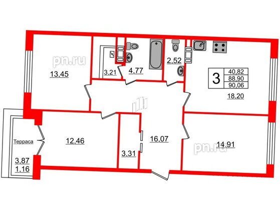 Квартира в ЖК Ariosto!, 3 комнатная, 90.06 м², 12 этаж