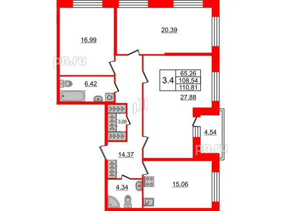 Квартира в ЖК Притяжение, 3 комнатная, 106.3 м², 2 этаж