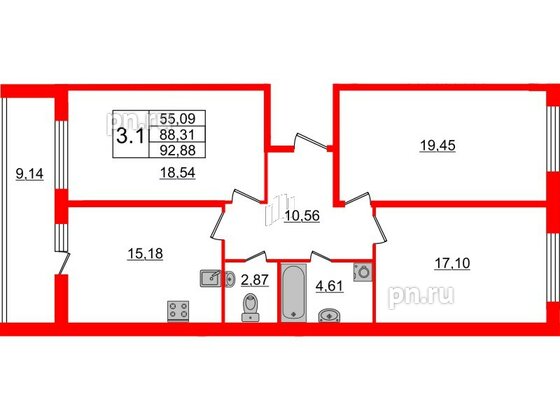 Квартира в ЖК Притяжение, 3 комнатная, 86.1 м², 1 этаж