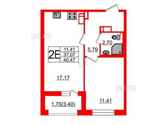 Квартира в ЖК «Черная Речка», 1 комнатная, 37.9 м², 13 этаж