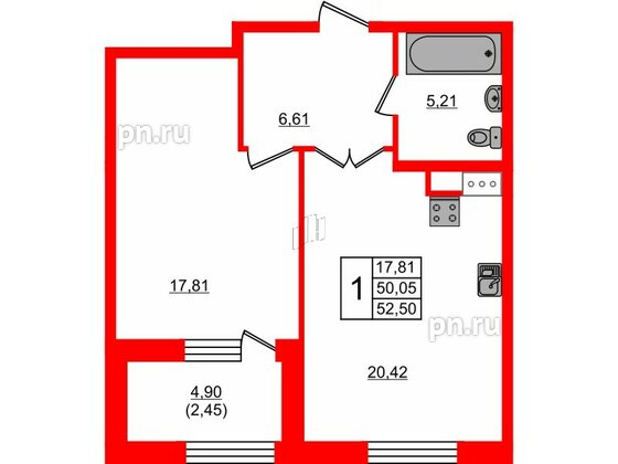 Квартира в ЖК Петровская доминанта, 1 комнатная, 53.1 м², 9 этаж