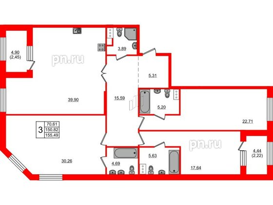 Квартира в ЖК Петровская доминанта, 3 комнатная, 156.6 м², 6 этаж