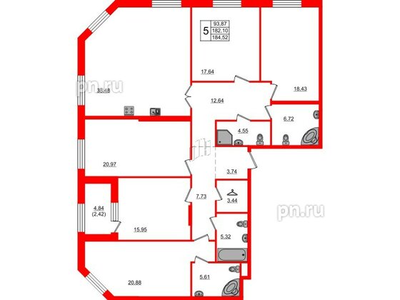 Квартира в ЖК Петровская доминанта, 5 комнатная, 185.9 м², 2 этаж