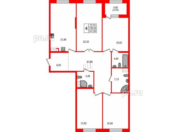 Квартира в ЖК Петровская доминанта, 4 комнатная, 142.7 м², 3 этаж