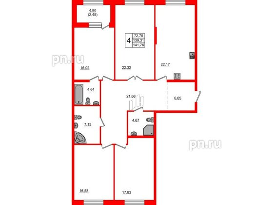 Квартира в ЖК Петровская доминанта, 4 комнатная, 143.3 м², 2 этаж