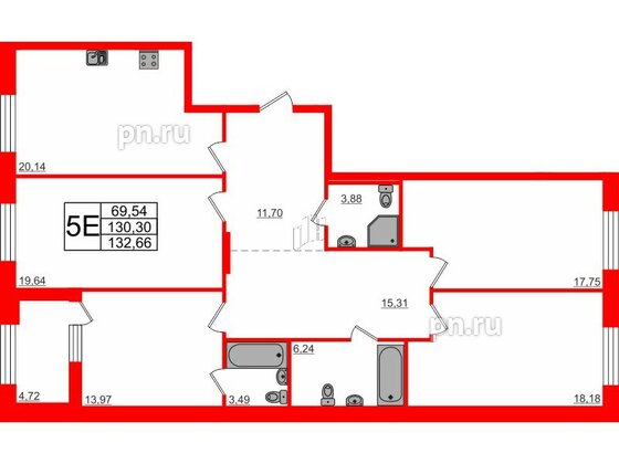 Квартира в ЖК Петровская доминанта, 4 комнатная, 134.3 м², 2 этаж