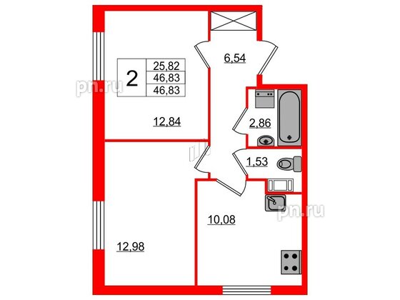 Квартира в ЖК Янила Драйв 3, 2 комнатная, 47.1 м², 1 этаж