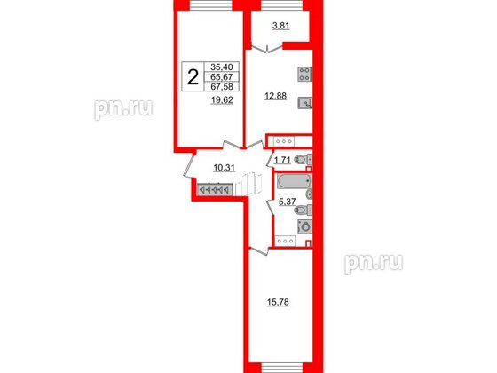 Квартира в ЖК The One, 2 комнатная, 66.2 м², 6 этаж