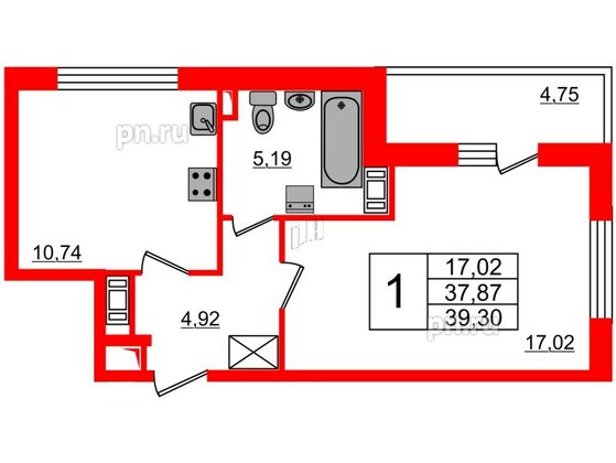 Квартира в ЖК PULSE на набережной, 1 комнатная, 37.8 м², 13 этаж