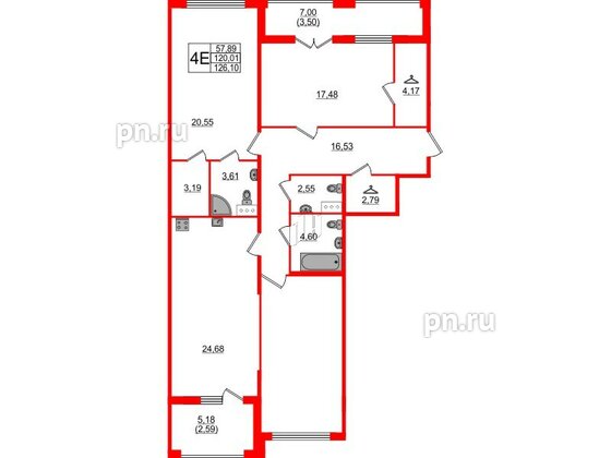 Квартира в ЖК 'Фамилия', 3 комнатная, 126.1 м², 6 этаж