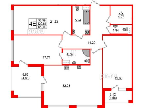 Квартира в ЖК 'Фамилия', 3 комнатная, 129 м², 5 этаж