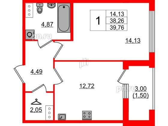 Квартира в ЖК 'Фамилия', 1 комнатная, 39.76 м², 3 этаж