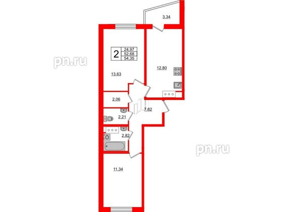 Квартира в ЖК Мурино Парк, 2 комнатная, 52.6 м², 8 этаж