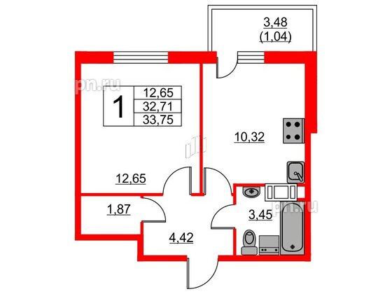 Квартира в ЖК Мурино Парк, 1 комнатная, 33.75 м², 7 этаж