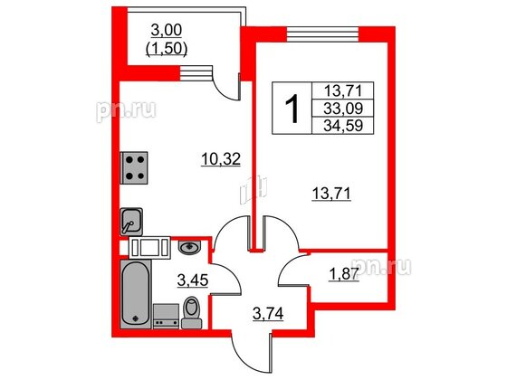 Квартира в ЖК Мурино Парк, 1 комнатная, 32.9 м², 7 этаж