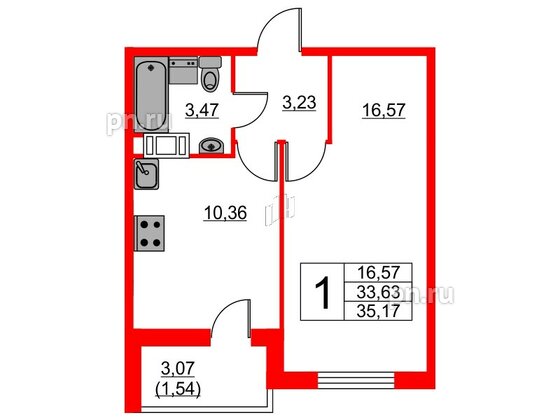 Квартира в ЖК Мурино Парк, 1 комнатная, 35.17 м², 12 этаж