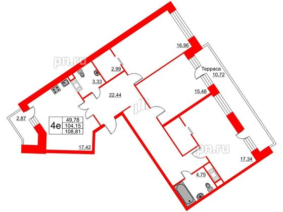 Квартира в ЖК Ariosto!, 3 комнатная, 108.81 м², 12 этаж