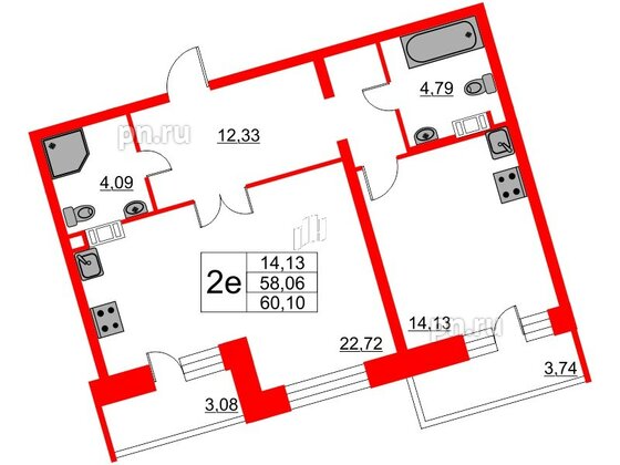 Квартира в ЖК Ariosto!, 1 комнатная, 60.1 м², 12 этаж