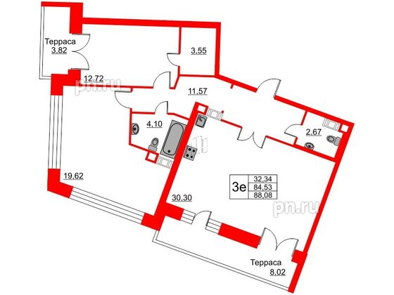 Квартира в ЖК Ariosto!, 2 комнатная, 88.08 м², 12 этаж