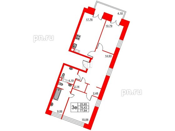 Квартира в ЖК Ariosto!, 2 комнатная, 77.64 м², 3 этаж