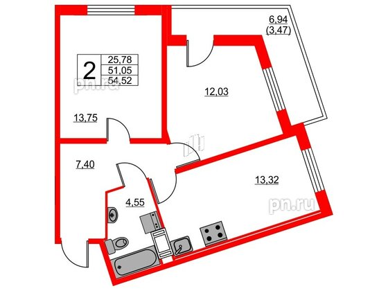 Квартира в ЖК Мурино Парк, 2 комнатная, 50.7 м², 7 этаж