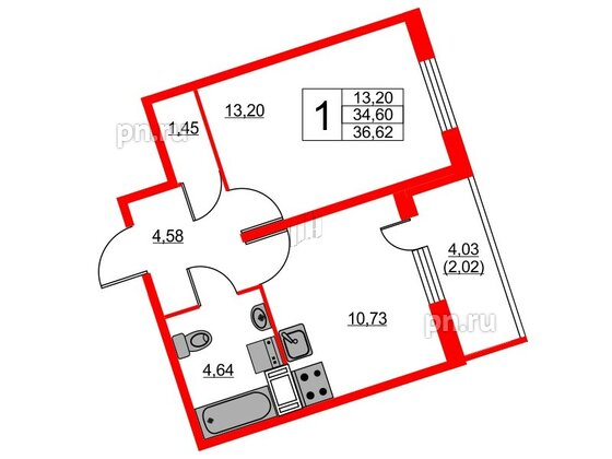 Квартира в ЖК Мурино Парк, 1 комнатная, 34.6 м², 18 этаж