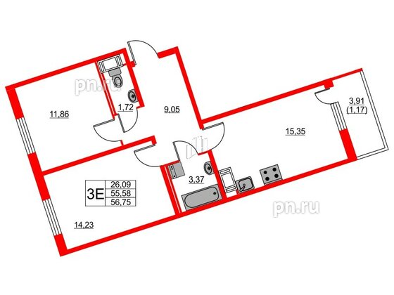 Квартира в ЖК Мурино Парк, 2 комнатная, 55.2 м², 7 этаж