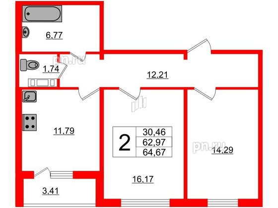 Квартира в ЖК «Новое Горелово», 2 комнатная, 64.67 м², 1 этаж