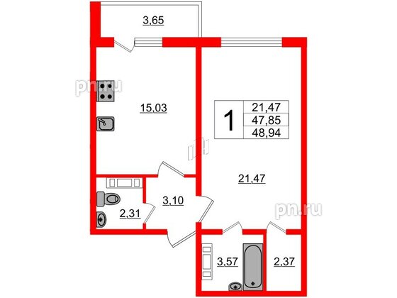 Квартира в ЖК «Новое Горелово», 1 комнатная, 48.94 м², 1 этаж