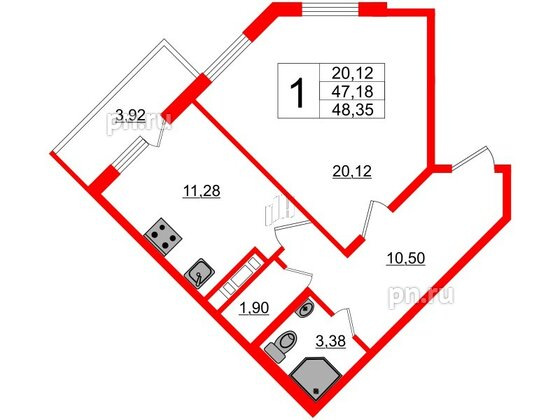 Квартира в ЖК «Новое Горелово», 1 комнатная, 48.35 м², 1 этаж