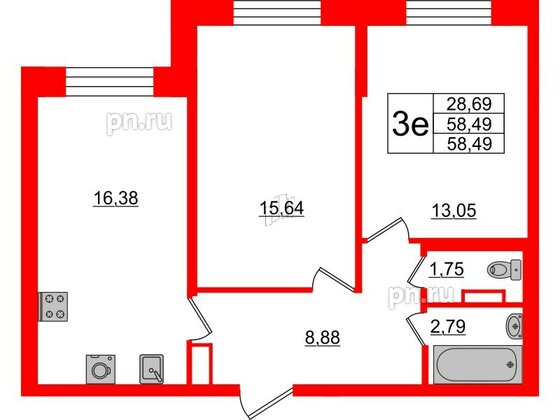 Квартира в ЖК ЦДС Елизаровский, 2 комнатная, 58.7 м², 1 этаж