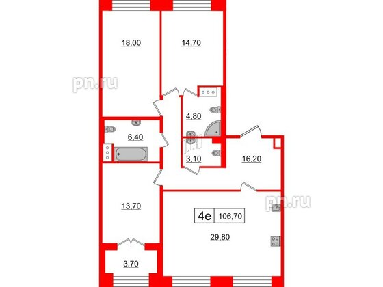 Квартира в ЖК The One, 3 комнатная, 106.7 м², 1 этаж