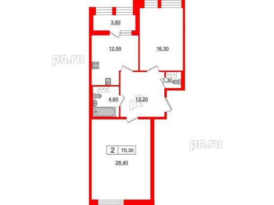 Квартира в ЖК Svetlana Park, 2 комнатная, 75.3 м², 5 этаж