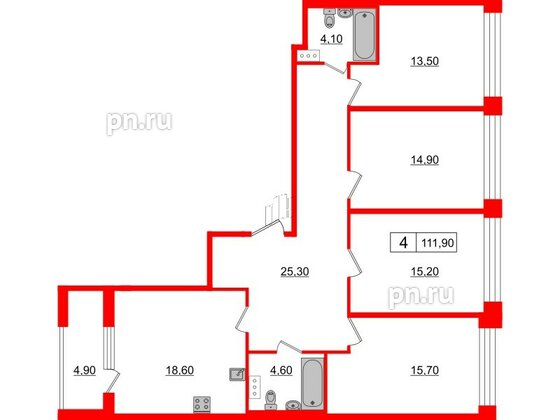 Квартира в ЖК Svetlana Park, 4 комнатная, 111.9 м², 3 этаж