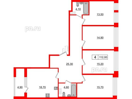 Квартира в ЖК Svetlana Park, 4 комнатная, 112 м², 5 этаж