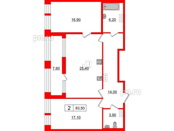 Квартира в ЖК Svetlana Park, 2 комнатная, 83.5 м², 3 этаж