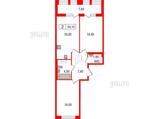 Квартира в ЖК Svetlana Park, 2 комнатная, 59.1 м², 9 этаж