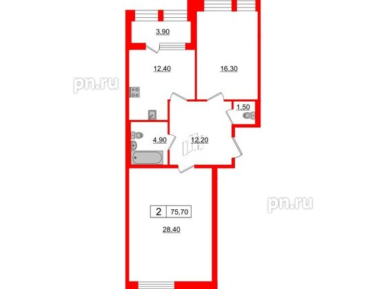 Квартира в ЖК Svetlana Park, 2 комнатная, 75.7 м², 2 этаж