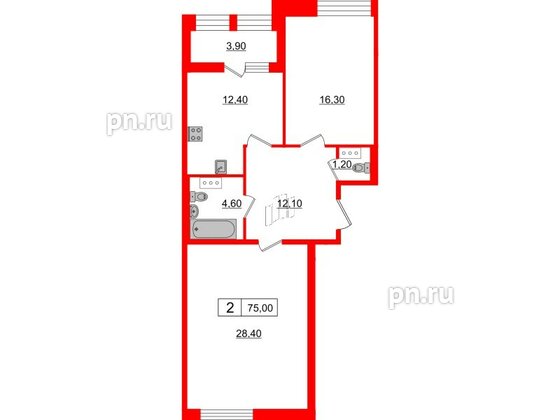 Квартира в ЖК Svetlana Park, 2 комнатная, 75 м², 9 этаж