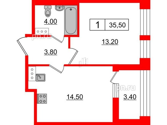 Квартира в ЖК Svetlana Park, 1 комнатная, 35.5 м², 5 этаж