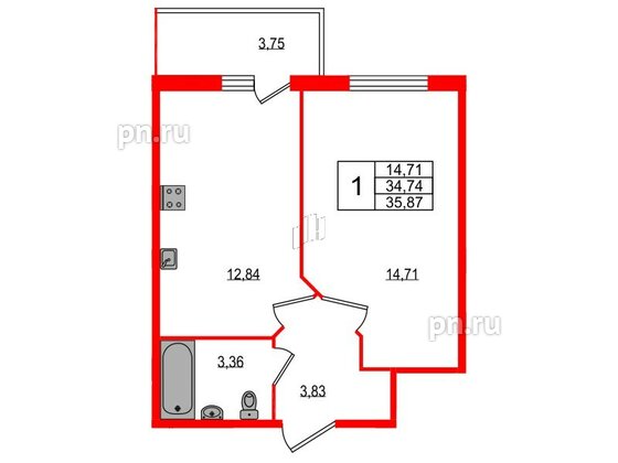 Квартира в ЖК All inclusive, 1 комнатная, 35.6 м², 1 этаж