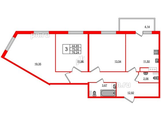 Квартира в ЖК All inclusive, 3 комнатная, 75.7 м², 11 этаж