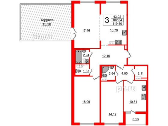 Квартира в ЖК «Черная Речка», 3 комнатная, 102.2 м², 12 этаж