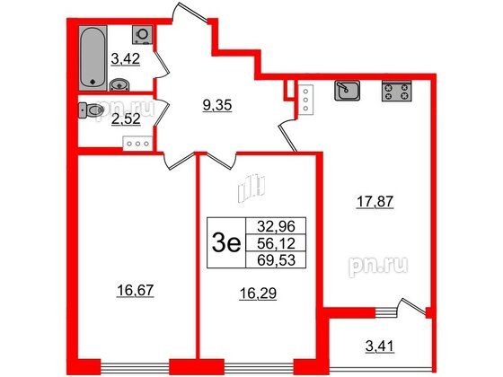 Квартира в ЖК «Черная Речка», 2 комнатная, 66.6 м², 13 этаж