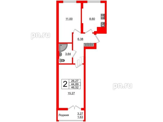 Квартира в ЖК Стерео-2, 2 комнатная, 46.52 м², 11 этаж