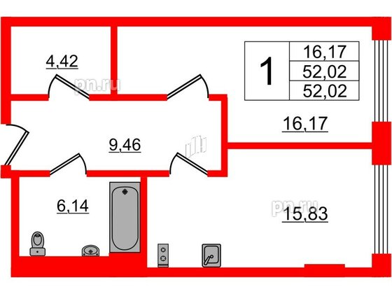 Апартаменты в ЖК VALO, 1 комнатные, 52.02 м², 3 этаж